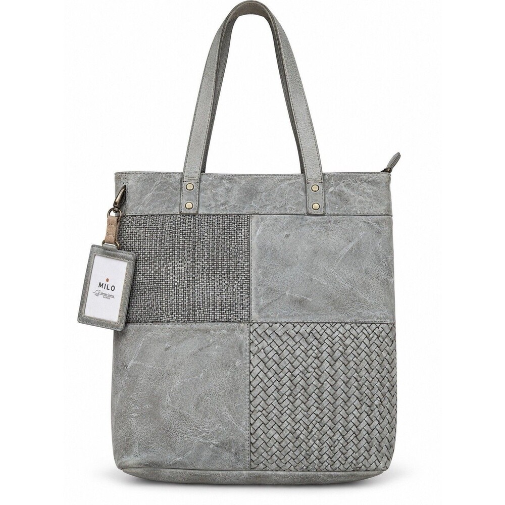 NWT Milo Canada Gray Washed Leather Patchwork Woven Tote Shoulder Bag